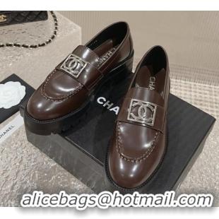 Popular Style Chanel Calfskin Moccasins Loafers with Framed CC Brown/Silver 828028