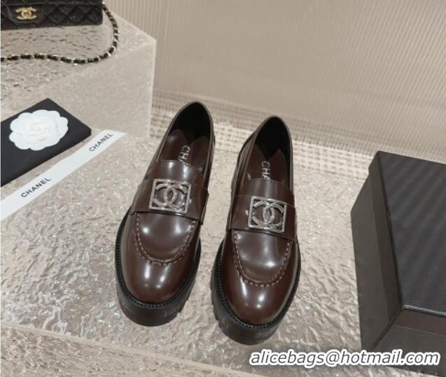 Popular Style Chanel Calfskin Moccasins Loafers with Framed CC Brown/Silver 828028