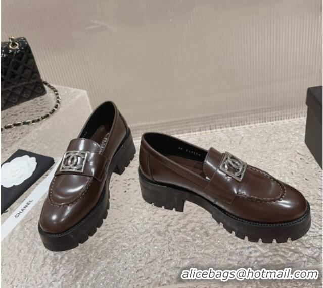 Popular Style Chanel Calfskin Moccasins Loafers with Framed CC Brown/Silver 828028