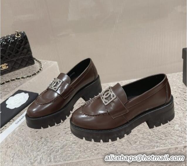 Popular Style Chanel Calfskin Moccasins Loafers with Framed CC Brown/Silver 828028