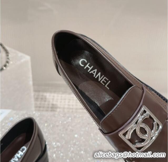 Popular Style Chanel Calfskin Moccasins Loafers with Framed CC Brown/Silver 828028