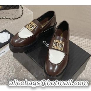 Cheap Price Chanel Calfskin Moccasins Loafers with Framed CC Brown/White 828029