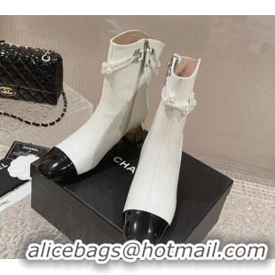 Sumptuous Chanel Calfskin Heel Ankle Boots with Pearl Tassel White 828030