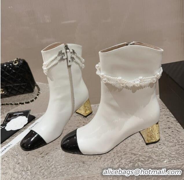 Sumptuous Chanel Calfskin Heel Ankle Boots with Pearl Tassel White 828030