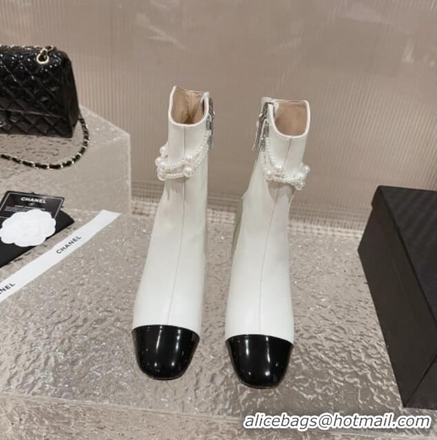 Sumptuous Chanel Calfskin Heel Ankle Boots with Pearl Tassel White 828030