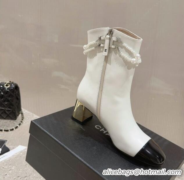 Sumptuous Chanel Calfskin Heel Ankle Boots with Pearl Tassel White 828030