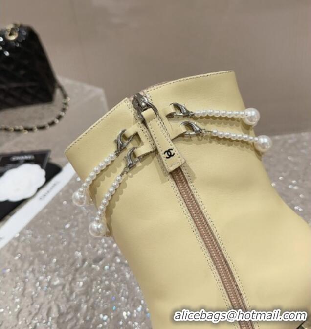 Good Quality Chanel Calfskin Heel Ankle Boots with Pearl Tassel Beige 828031