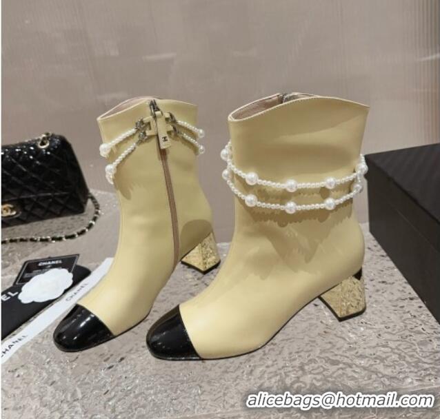 Good Quality Chanel Calfskin Heel Ankle Boots with Pearl Tassel Beige 828031