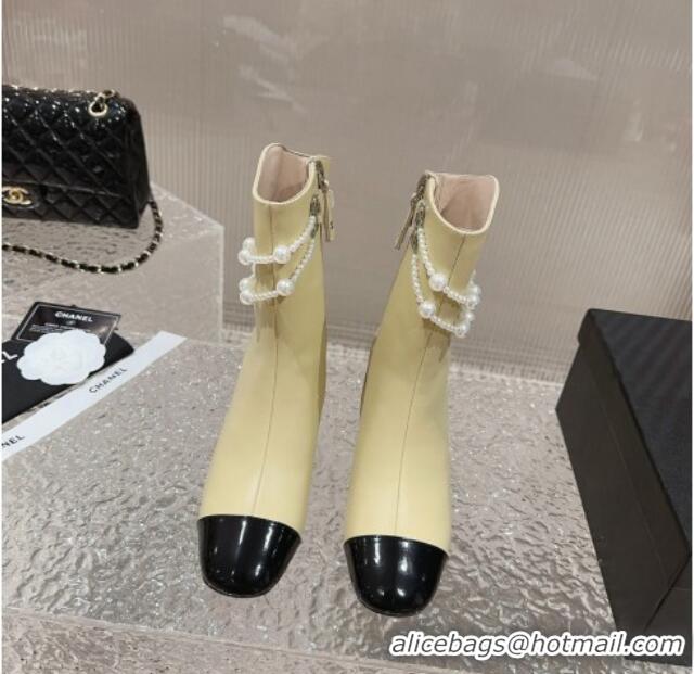 Good Quality Chanel Calfskin Heel Ankle Boots with Pearl Tassel Beige 828031