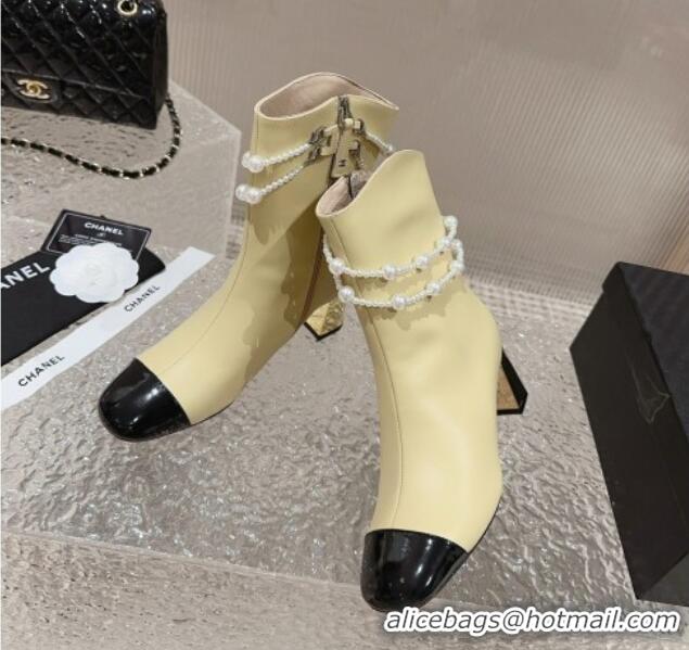 Good Quality Chanel Calfskin Heel Ankle Boots with Pearl Tassel Beige 828031