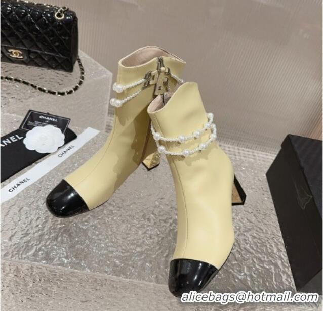 Good Quality Chanel Calfskin Heel Ankle Boots with Pearl Tassel Beige 828031