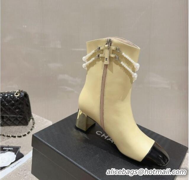 Good Quality Chanel Calfskin Heel Ankle Boots with Pearl Tassel Beige 828031