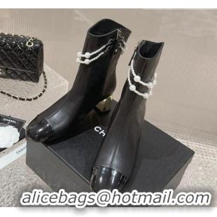 Top Grade Chanel Calfskin Heel Ankle Boots with Pearl Tassel Black 828032