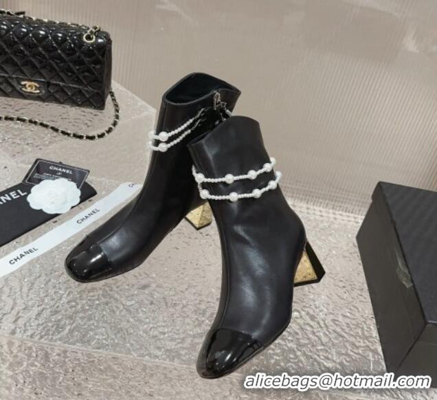 Top Grade Chanel Calfskin Heel Ankle Boots with Pearl Tassel Black 828032