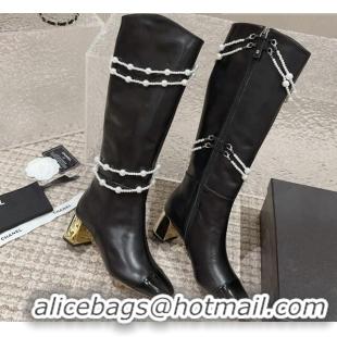 Crafted Chanel Calfskin Heel High Boots with Pearl Tassel Black 828033