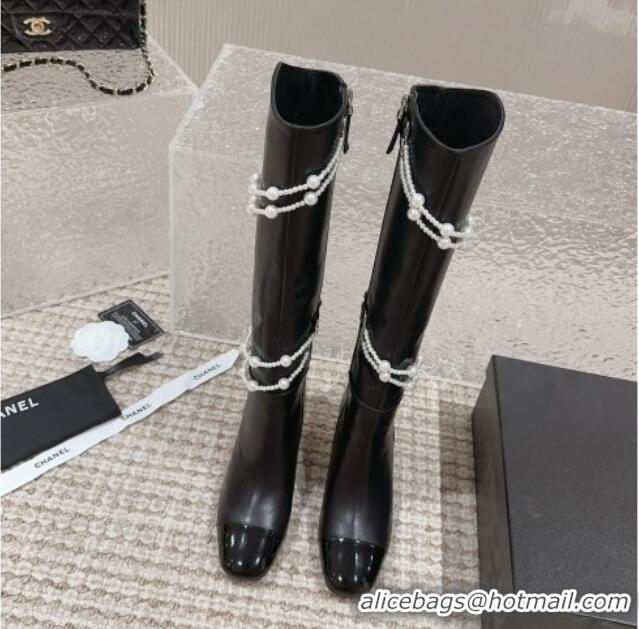 Crafted Chanel Calfskin Heel High Boots with Pearl Tassel Black 828033