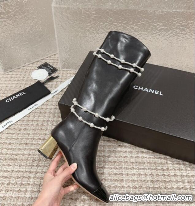 Crafted Chanel Calfskin Heel High Boots with Pearl Tassel Black 828033