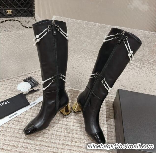 Crafted Chanel Calfskin Heel High Boots with Pearl Tassel Black 828033