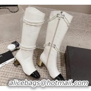 Best Grade Chanel Calfskin Heel High Boots with Pearl Tassel White 828034