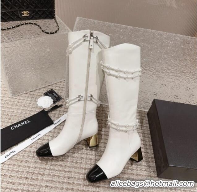 Best Grade Chanel Calfskin Heel High Boots with Pearl Tassel White 828034