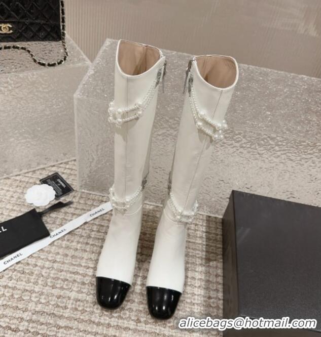 Best Grade Chanel Calfskin Heel High Boots with Pearl Tassel White 828034