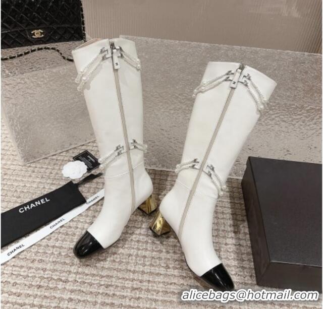 Best Grade Chanel Calfskin Heel High Boots with Pearl Tassel White 828034