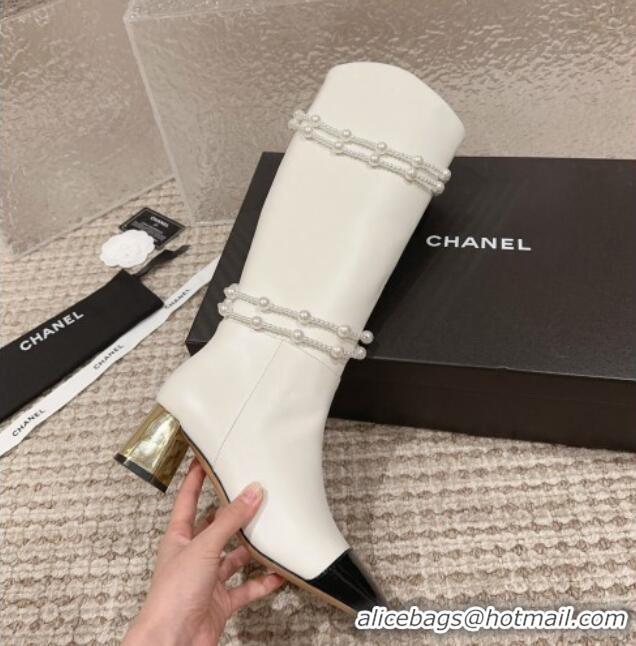 Best Grade Chanel Calfskin Heel High Boots with Pearl Tassel White 828034