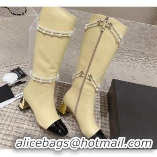 Perfect Chanel Calfskin Heel High Boots with Pearl Tassel Beige 828035