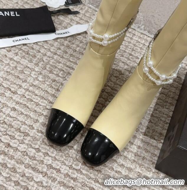 Perfect Chanel Calfskin Heel High Boots with Pearl Tassel Beige 828035