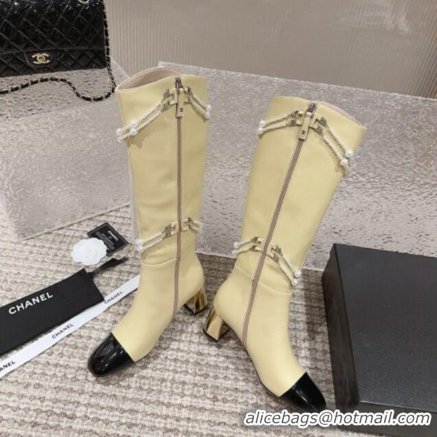 Perfect Chanel Calfskin Heel High Boots with Pearl Tassel Beige 828035