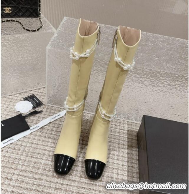 Perfect Chanel Calfskin Heel High Boots with Pearl Tassel Beige 828035