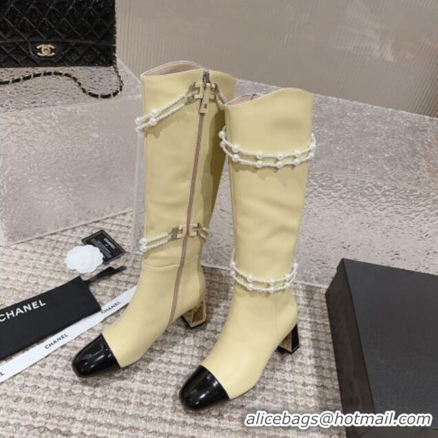 Perfect Chanel Calfskin Heel High Boots with Pearl Tassel Beige 828035