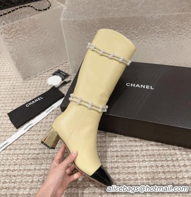 Perfect Chanel Calfskin Heel High Boots with Pearl Tassel Beige 828035