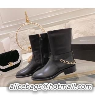 Purchase Chanel Calfskin Flat Ankle Boots with Chain Black 828039