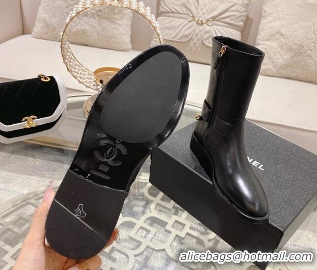 Purchase Chanel Calfskin Flat Ankle Boots with Chain Black 828039