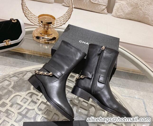 Purchase Chanel Calfskin Flat Ankle Boots with Chain Black 828039