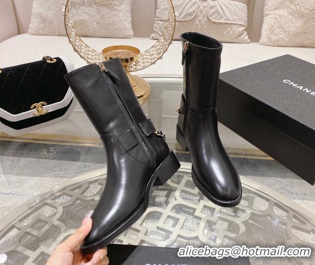 Purchase Chanel Calfskin Flat Ankle Boots with Chain Black 828039