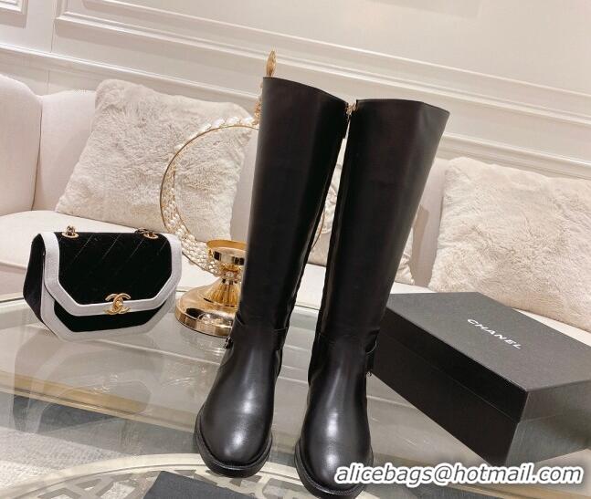 Durable Chanel Calfskin Flat High Boots with Chain Black 828040