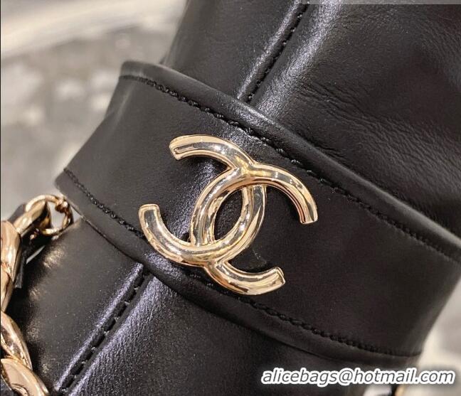 Durable Chanel Calfskin Flat High Boots with Chain Black 828040