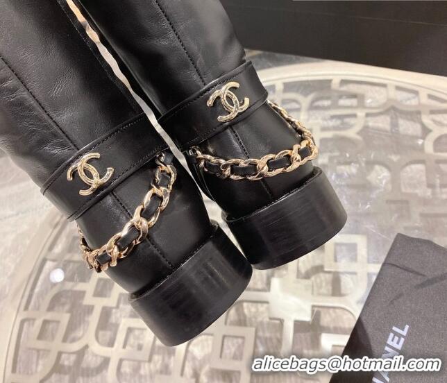 Durable Chanel Calfskin Flat High Boots with Chain Black 828040