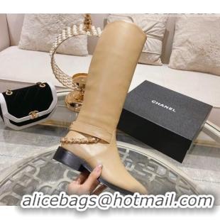 Trendy Design Chanel Calfskin Flat High Boots with Chain 828040 Beige