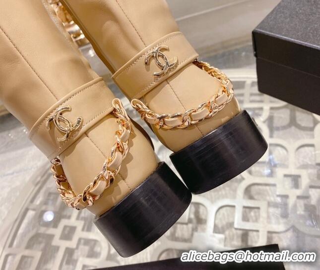 Trendy Design Chanel Calfskin Flat High Boots with Chain 828040 Beige