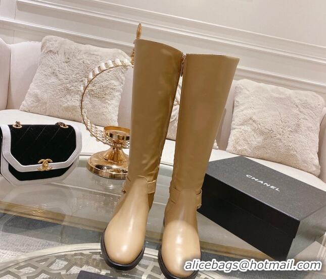 Trendy Design Chanel Calfskin Flat High Boots with Chain 828040 Beige