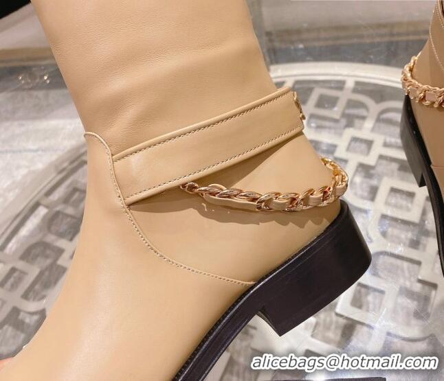 Trendy Design Chanel Calfskin Flat High Boots with Chain 828040 Beige