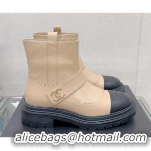 Best Product Chanel Lambskin Ankle Boots with CC Strap Beige 901001