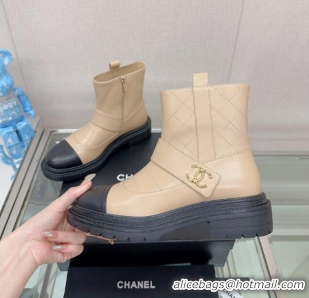 Best Product Chanel Lambskin Ankle Boots with CC Strap Beige 901001