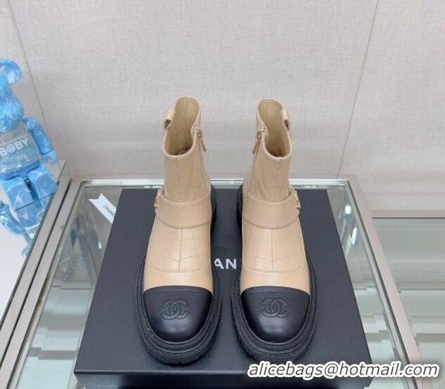 Best Product Chanel Lambskin Ankle Boots with CC Strap Beige 901001