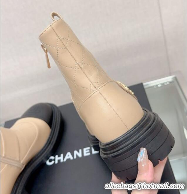 Best Product Chanel Lambskin Ankle Boots with CC Strap Beige 901001