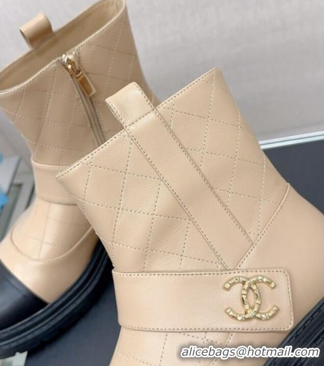 Best Product Chanel Lambskin Ankle Boots with CC Strap Beige 901001