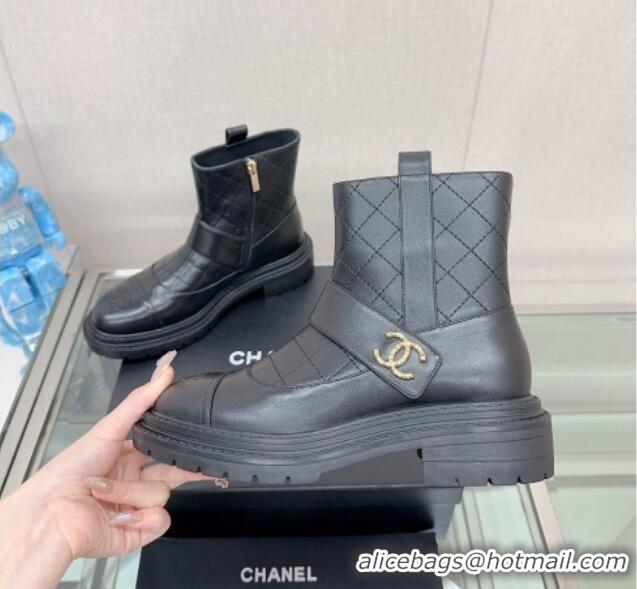 Luxurious Chanel Lambskin Ankle Boots with CC Strap Black 901002